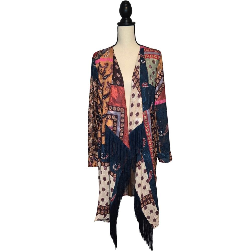 Reba Printed Burnout Open Front Kimono Cardigan Cascading Fringe womens size M